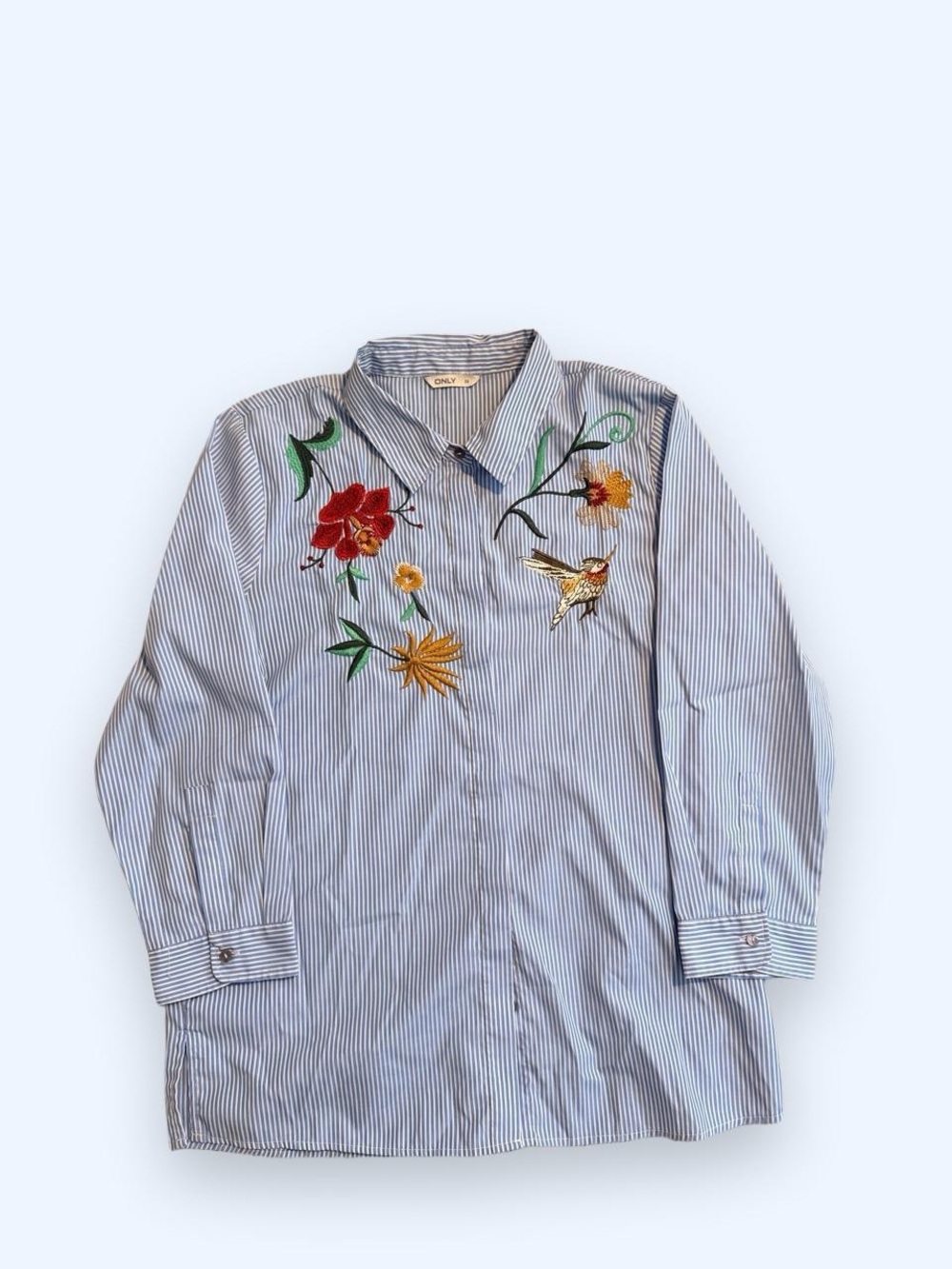ONLY Blue & White Striped Button-Down Shirt with Floral Embroidery
